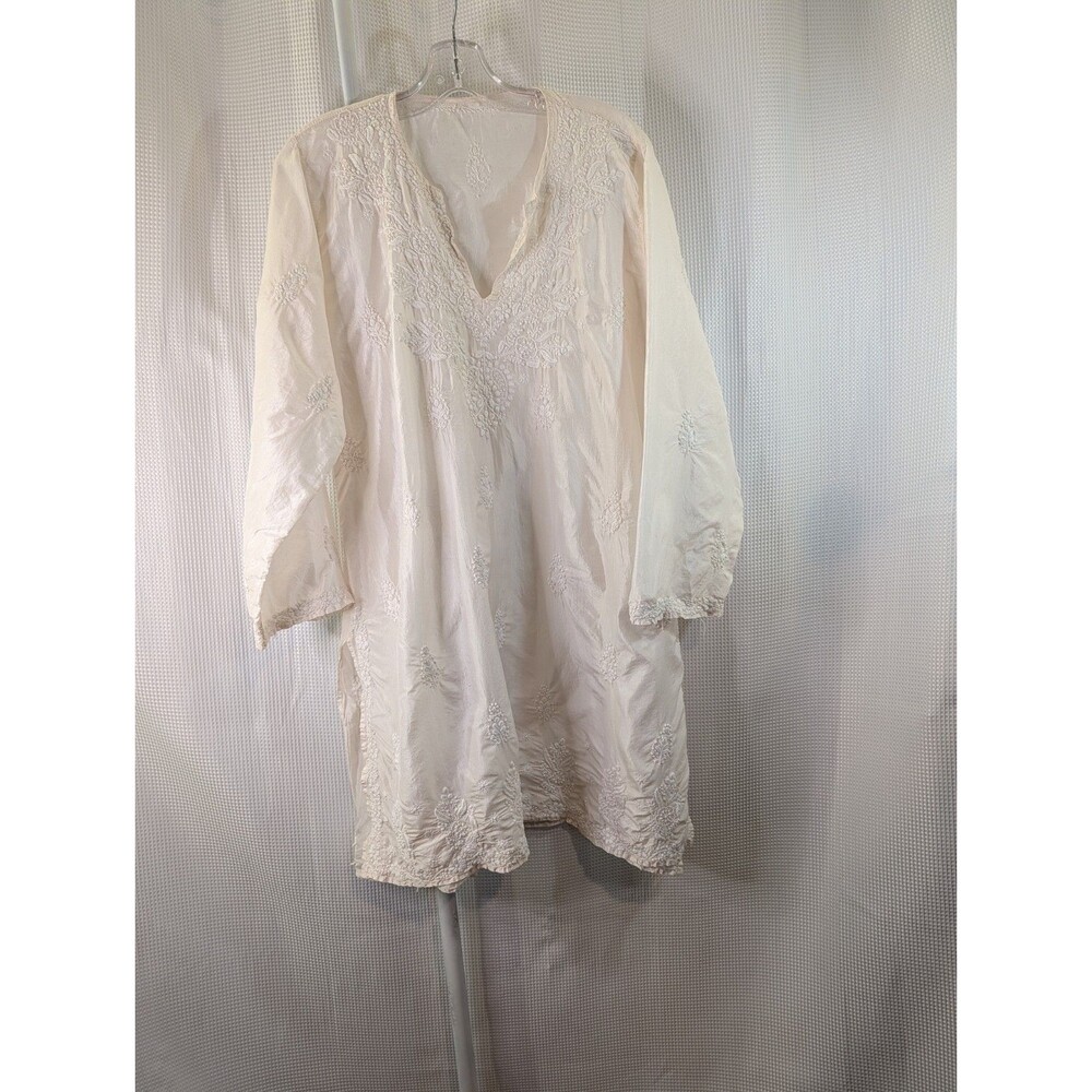 Chikankari Kurta White Cream Embroidered Tunic Sz L Silky Ethnic Boho (J12)